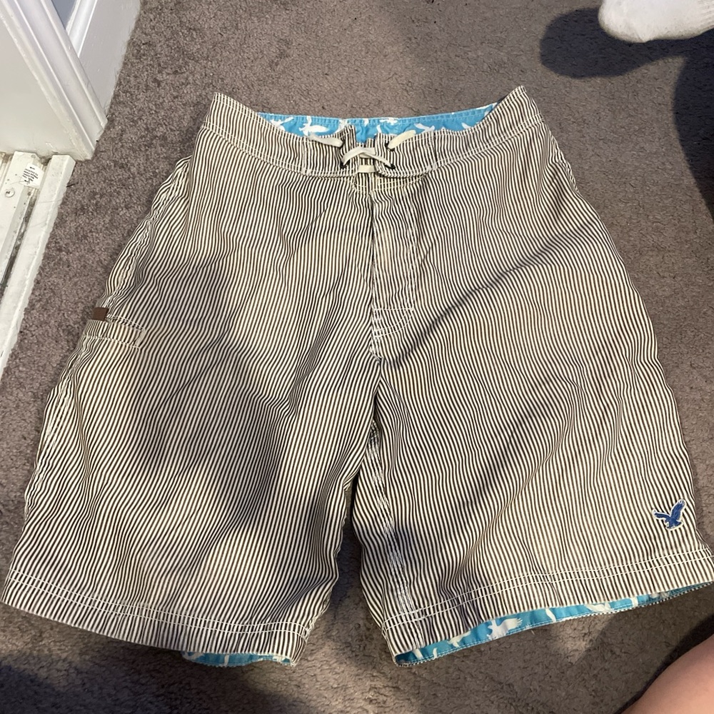 American Eagle Outfitters Men's Black and White Striped Swim Trunks